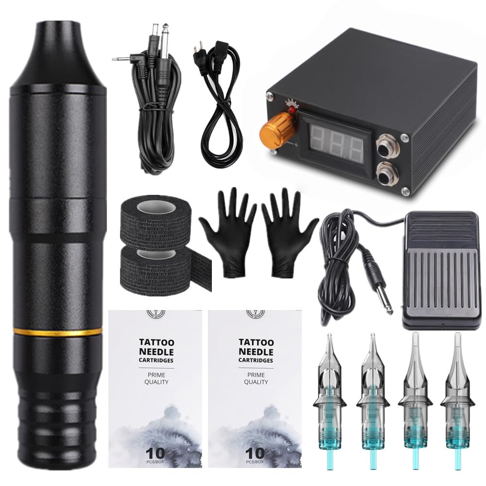 Kit macchinetta rotativa per tatuaggi - Penna per tatuaggi in alluminio con alimentatore digitale CC, corsa regolabile da 0-3,5 mm, pedale e 10 aghi per cartuccia