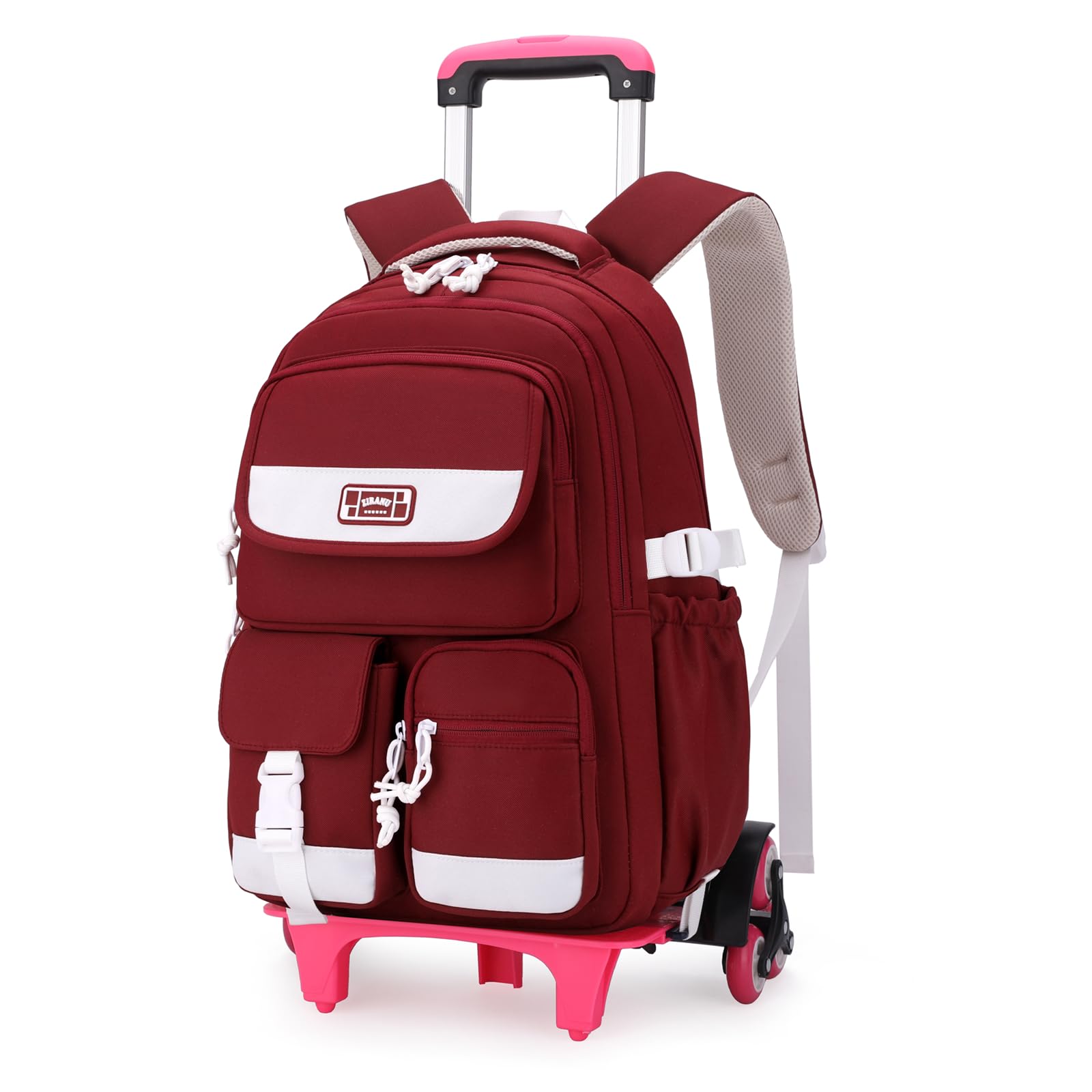 LANSHIYA Solid Color Rolling Backpack for Girls Boys Cute Elementary school bag with wheels,Red Trolley Bags for Travel