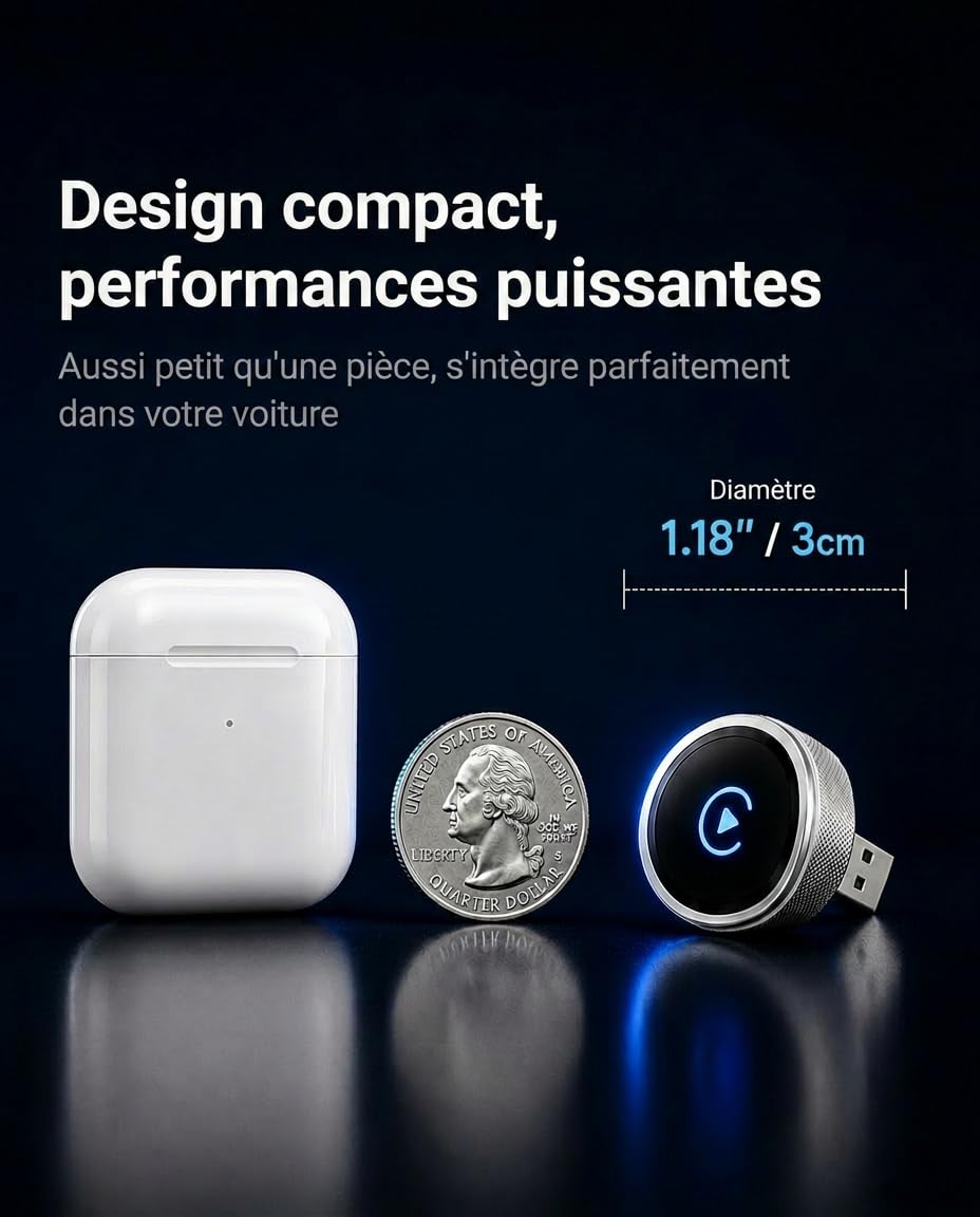 2026 Adaptateur Carplay & Android Auto sans Fil, 2-in-1 Adaptateur Carplay sans Fil, WiFi 2,4/5GHz avec Connexion Automatique, Plug & Play pour iPhone & Android, Design Premium en Aluminium