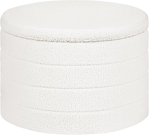 Miniatura 11 de Otomana redonda de almacenamiento Boucle de 14.6 pulgadas con tapa de bandeja, asiento de taburete plegable para reposapiés, mesa auxiliar, para