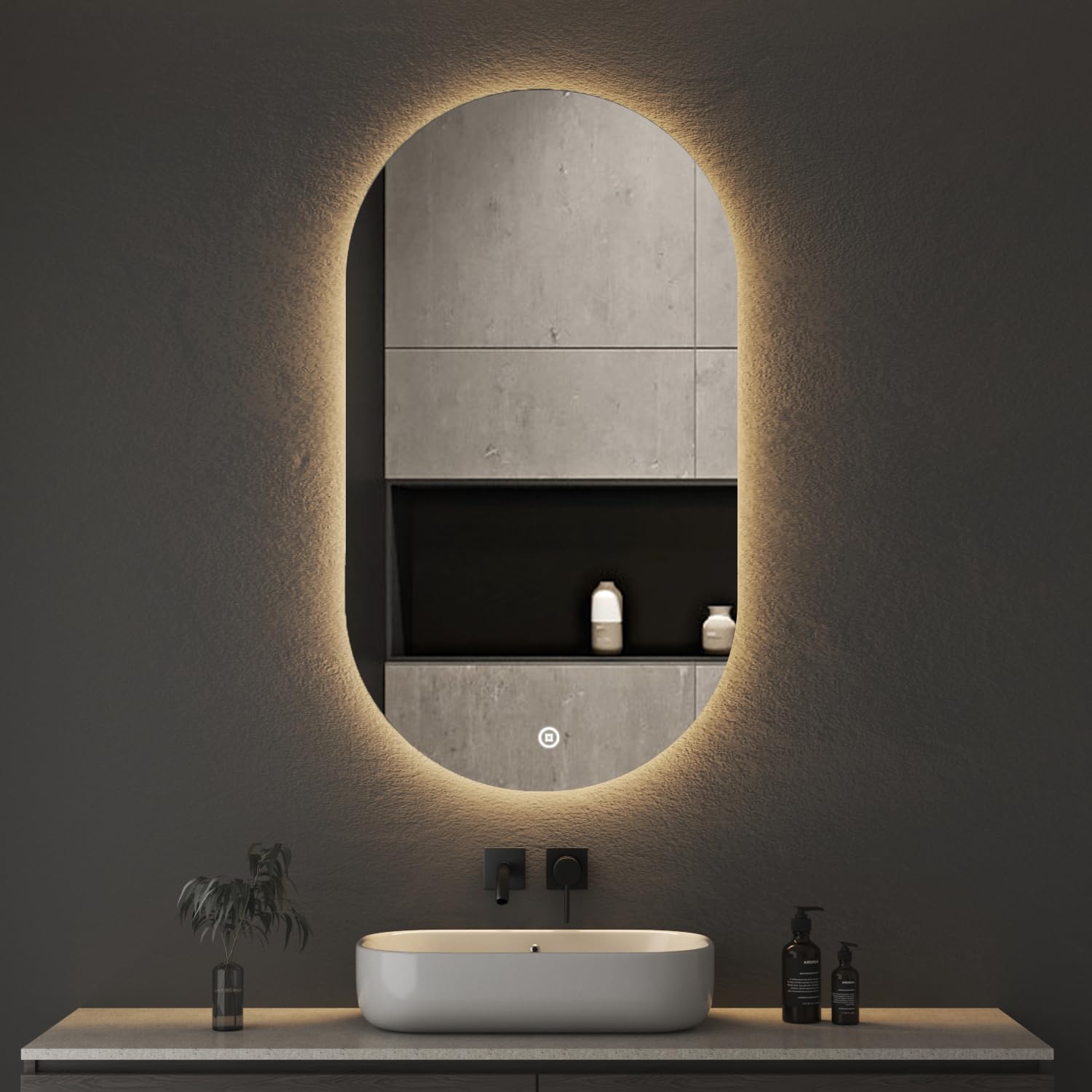 Niccy LED-Spiegel Fürs Badezimmer | Oval, 33x20 Cm, Anti-Beschlag, Dimmbares Licht, 3 Farbtemperaturen, Goldener Rahmen