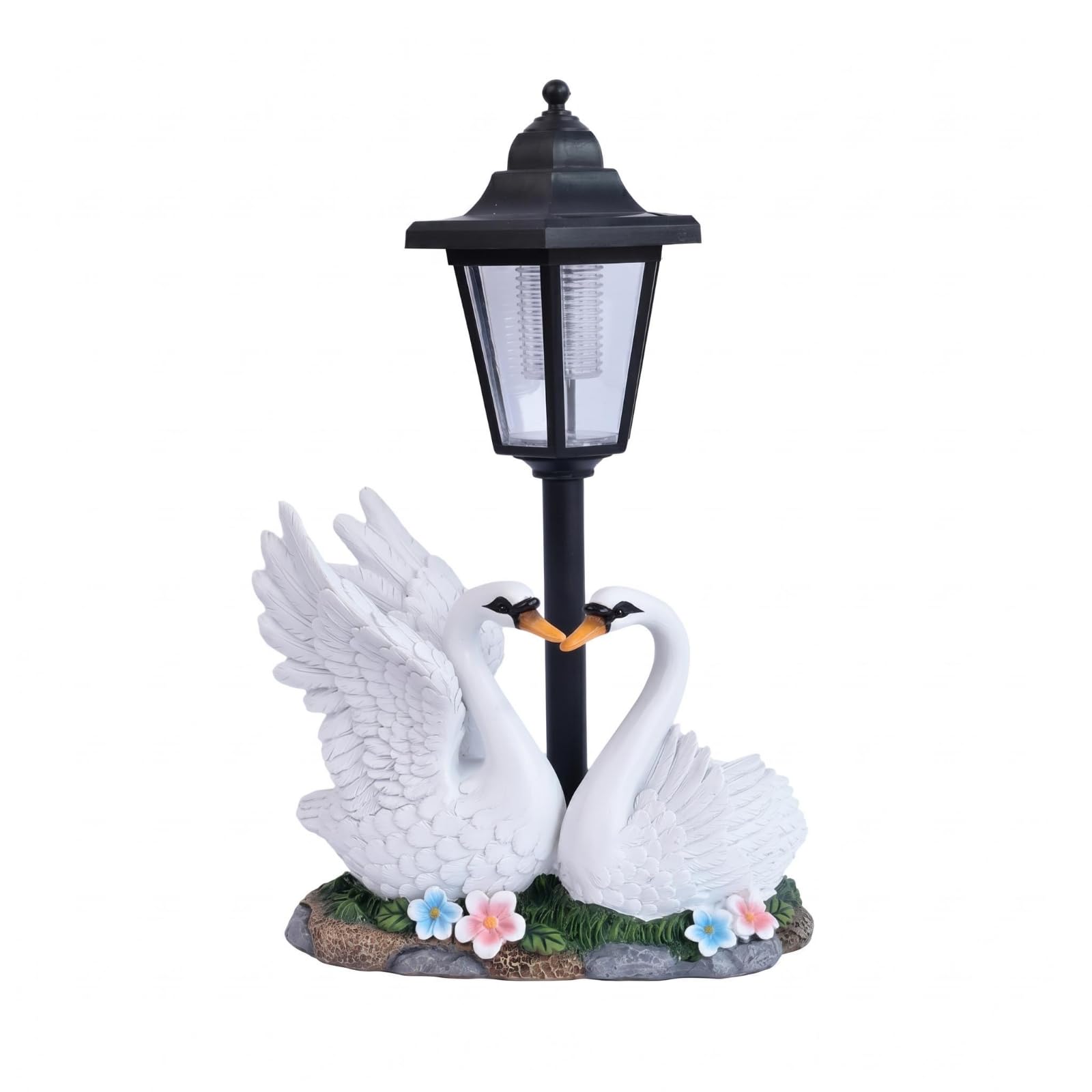 Resin Solar Garden Lantern Clear Panels Hexagonal Lantern Ornament Black Finish Creature Themed Base Ornament for Patio, Hex Swan Couple-image-21