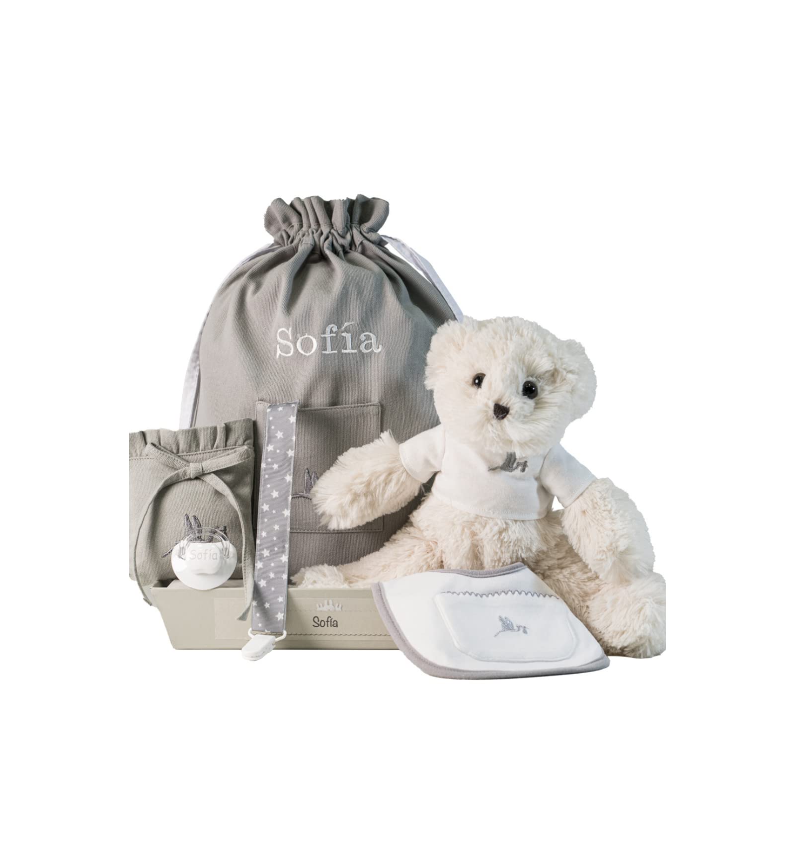 BebeDeParis Canastilla Chupete Personalizado y Complementos para Recién Nacido - Funda Chupete, Bolsa Guarderia, Osito Peluche, Babero Algodón y Sujetachupetes (Gris)