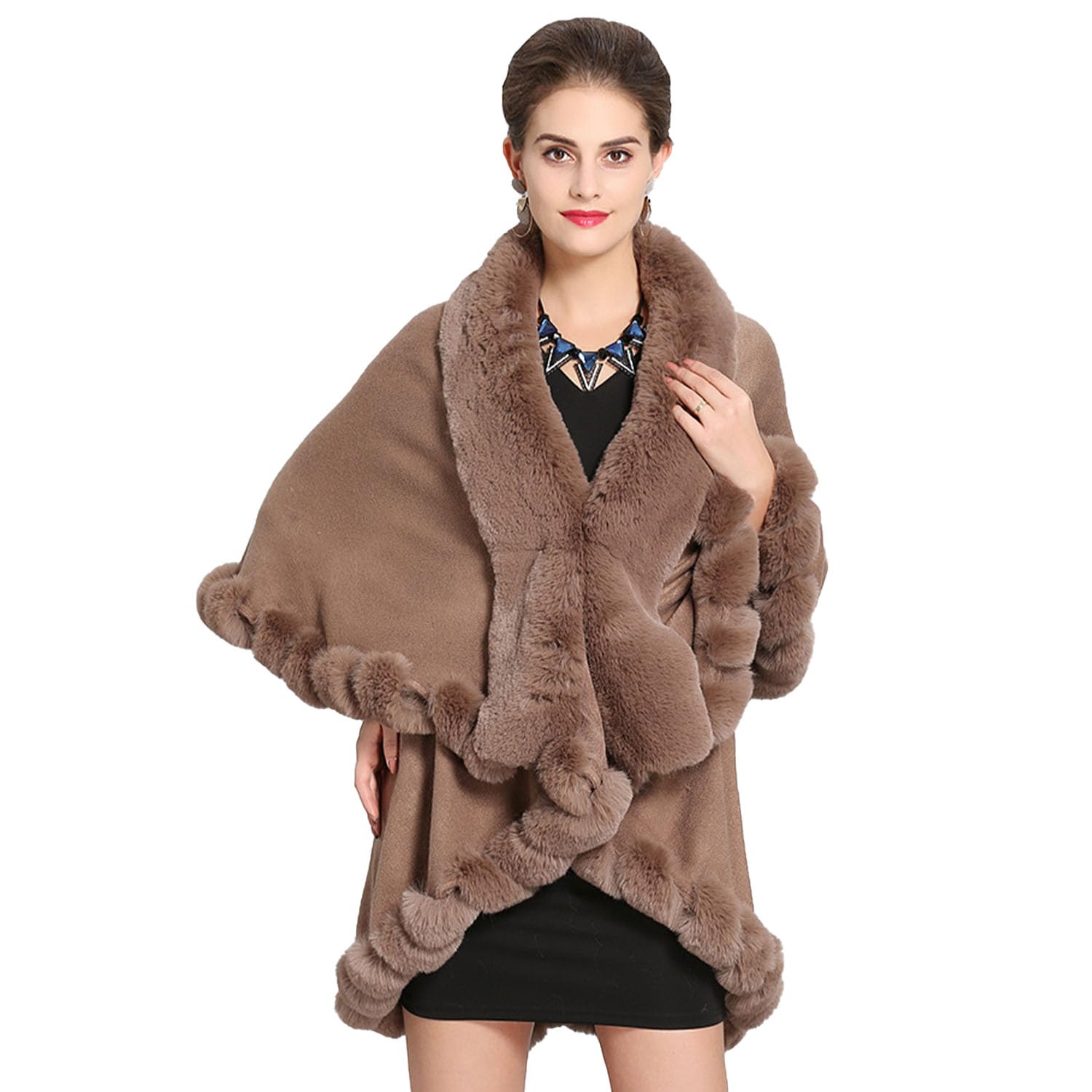 Invierno de Punto Chal Poncho de Piel Sintética con Cuello de Plátano Suelta Doble Estola Cálida Sobredimensionada Suéter de la Capa para Las Mujeres de la Señora Mamá