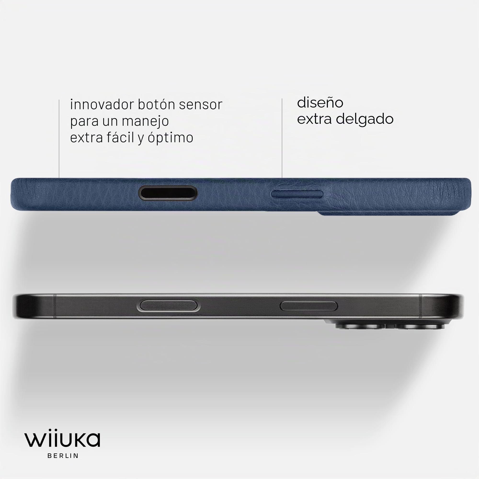 WIIUKA Funda para iPhone 17 Pro, piel de Alemania, funda de piel extrafina, funda premium para teléfono móvil, funda Qi, esquí, azul noche