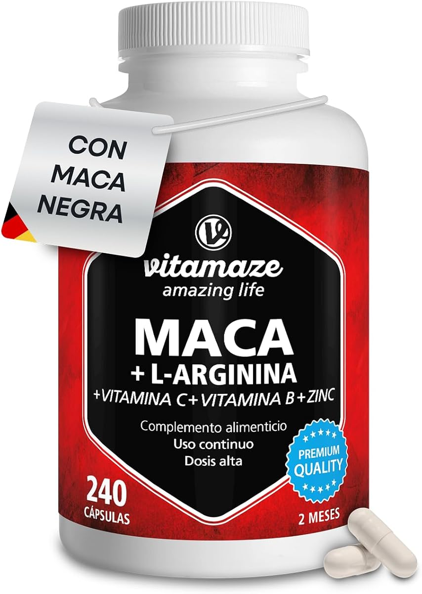 Maca Negra Complex con L-Arginina, Tres tipos de Maca Andina (Negra, Amarilla y Roja) + Vitamina C, B6, B12 + Zinc, 240 Cápsulas, Raíz Peruana, Calidad Alemana, Sin Aditivos. Vitamaze