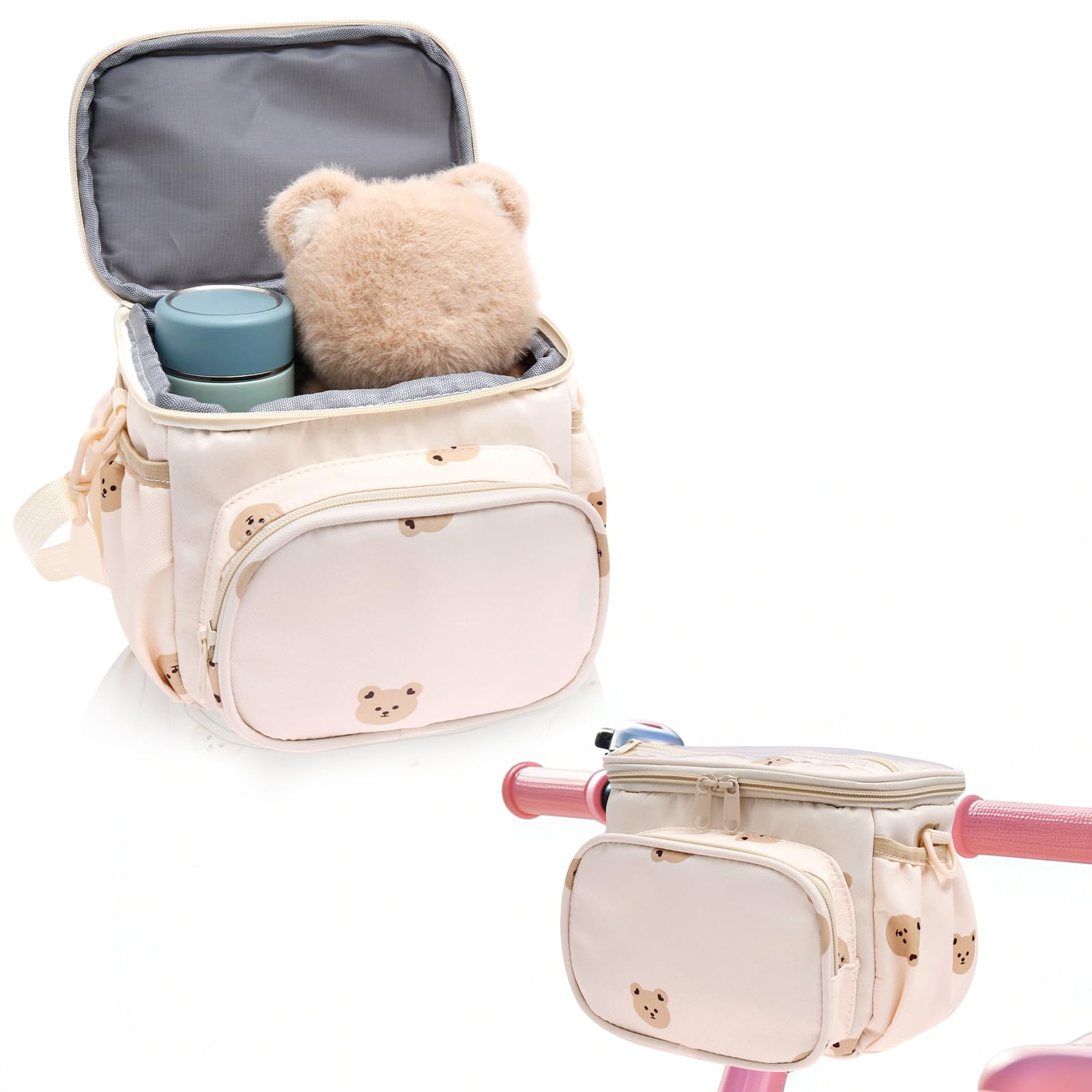 Bike Basket Front Kids, Bicycle Handlebar Bag with Shoulder Strap, Scooter Bag Organizer for Girls and Boys, Cute Bike Decor Accessories Fit Most of Handlebar(Little Bear)
