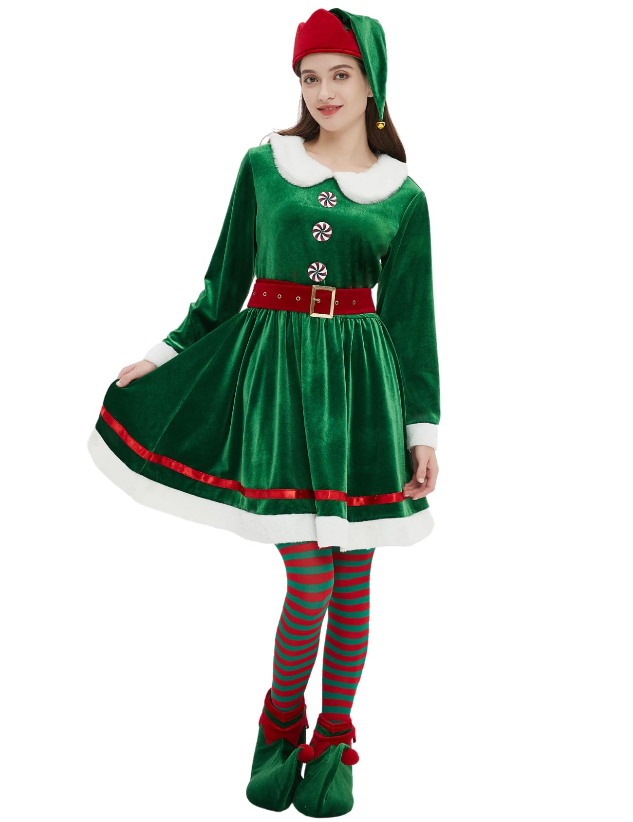 Wabolay Elf Costume for Women Christmas Outfit Dress Adult 5 Pcs Cute Santa Elves Xmas Suit with Hat Shoes Cover Belt Socks