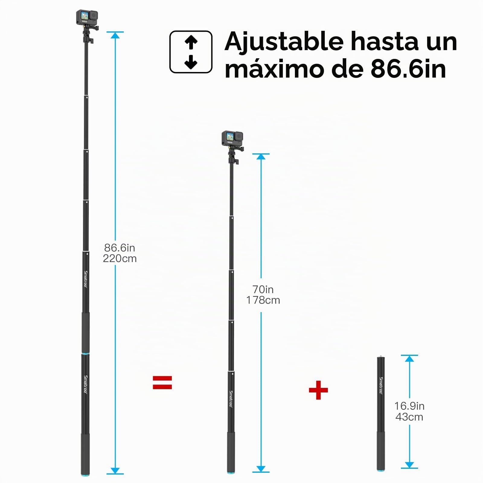 Smatree SmaPole Extensable Selfie Stick, pértiga telescópica para GoPro Fusion, GoPro Hero 13/12/11/10/9/8/7/6/5/4/3/2/1/Session y dji Osmo Action 3/2(Versión extendida 43-221cm)