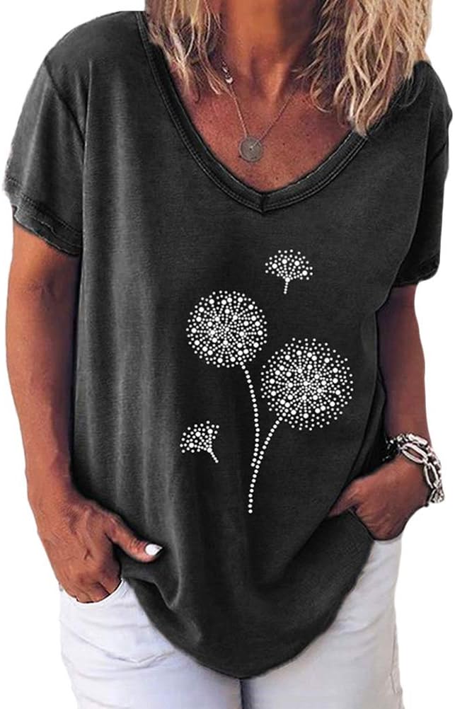ORANDESIGNE Donna Camicia Estiva Elegante Scollo a V Maglietta Sexy Stampa Floreale Manica Corta Camicetta Taglie Forti Casual Moda Blusa Tshirt Tops A Blu XS