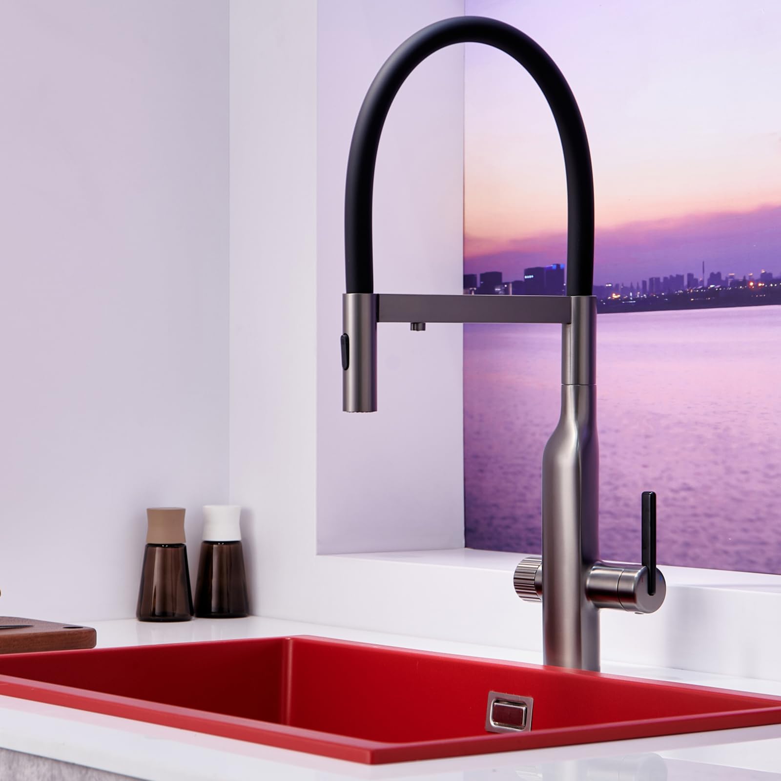 Kitchen Tap 3 Way with Pull Out Spray Swivel Hot and Cold Water Pure Brass Taps in 1-Grey