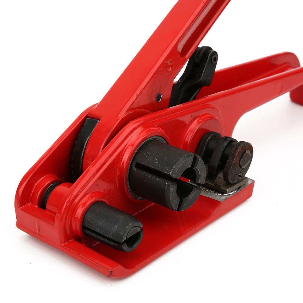 Tensionatore manuale per nastri di imballaggio, strumento combinato rosso senza sigillo per nastri di imballaggio in PET e PP da 16–19 mm, con taglierina integrata e rullo di
