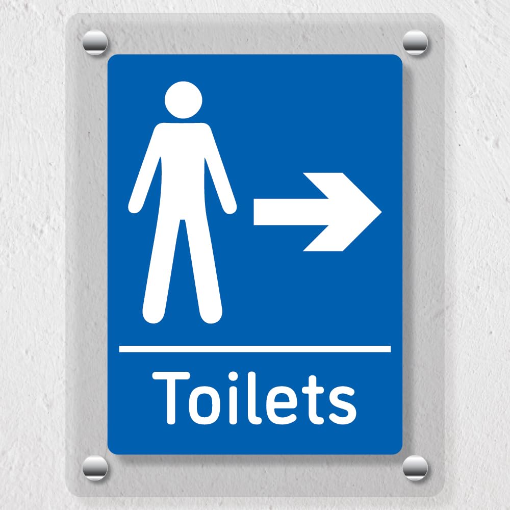 V Safety Mens Toilets Arrow Right Blue - 200 x 300 mm - Acrylic Perspex Cast Clear Safety Sign