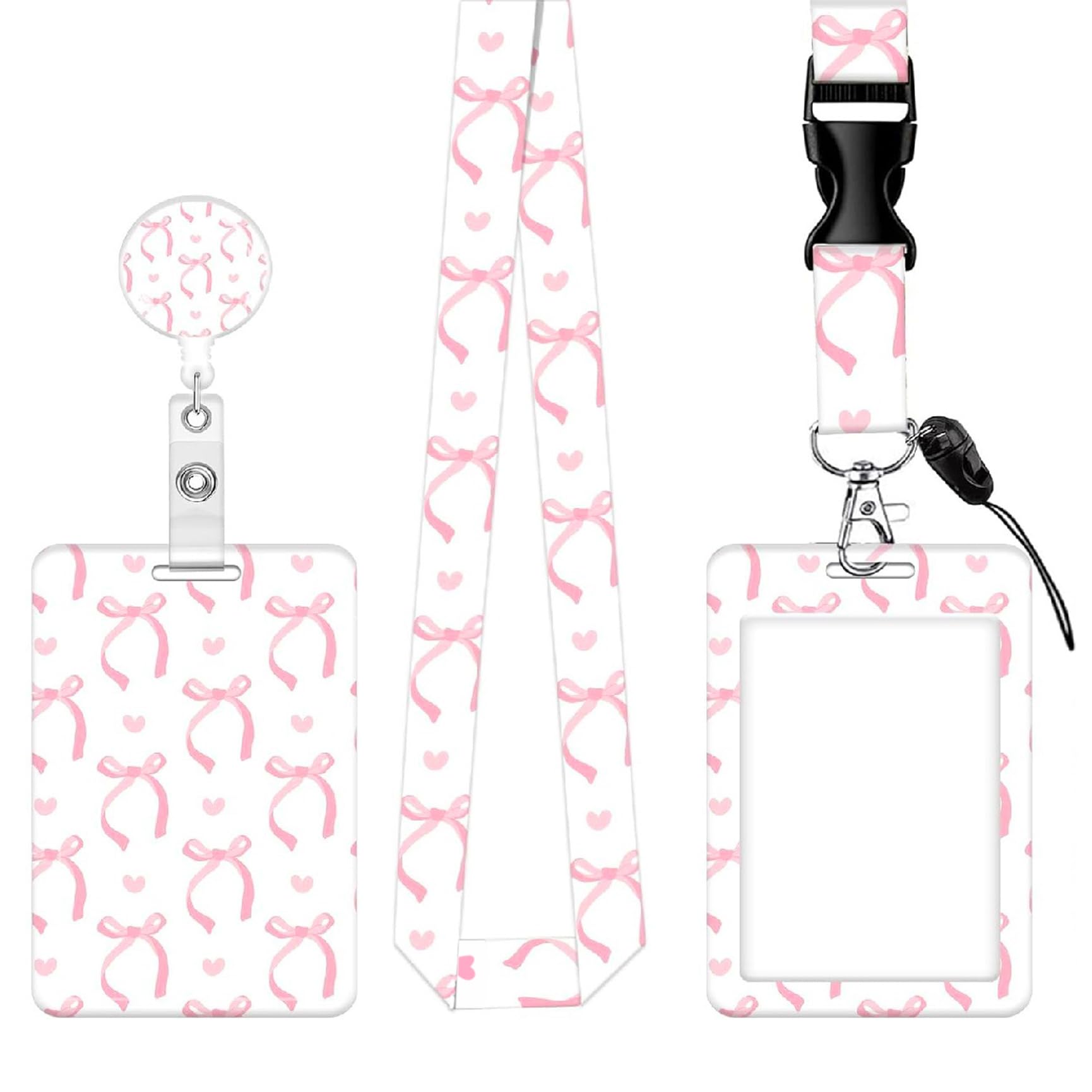 Sliding Badge Holder, Pink Bow Lanyard with Card Holder Retractable ID Badge Reel with Detachable Lanyard ID Card Holder for Women Girls Teacher Nurse Doctor Student