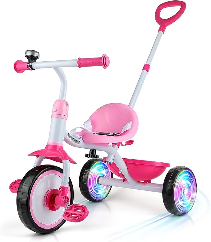 Liberry 2 in 1 Toddler Tricycle Age 2 3 4 Years Old, Kids Trike with Light Up Wheels, Adjustable Push Handle, 3 Wheel Bike Outdoor Indoor Riding Toy Christmas Gift for Girls Boys, Pink