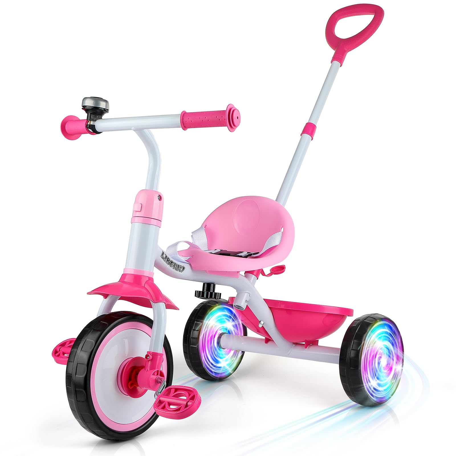 Liberry 2 in 1 Toddler Tricycle Age 2 3 4 Years Old, Kids Trike with Light Up Wheels, Adjustable Push Handle, 3 Wheel Bike Outdoor Indoor Riding Toy Gift for Girls Boys, Pink Global Recycled Standard Recycled Claim Standard Blended Global Recycled Standard Global Recycled Standard