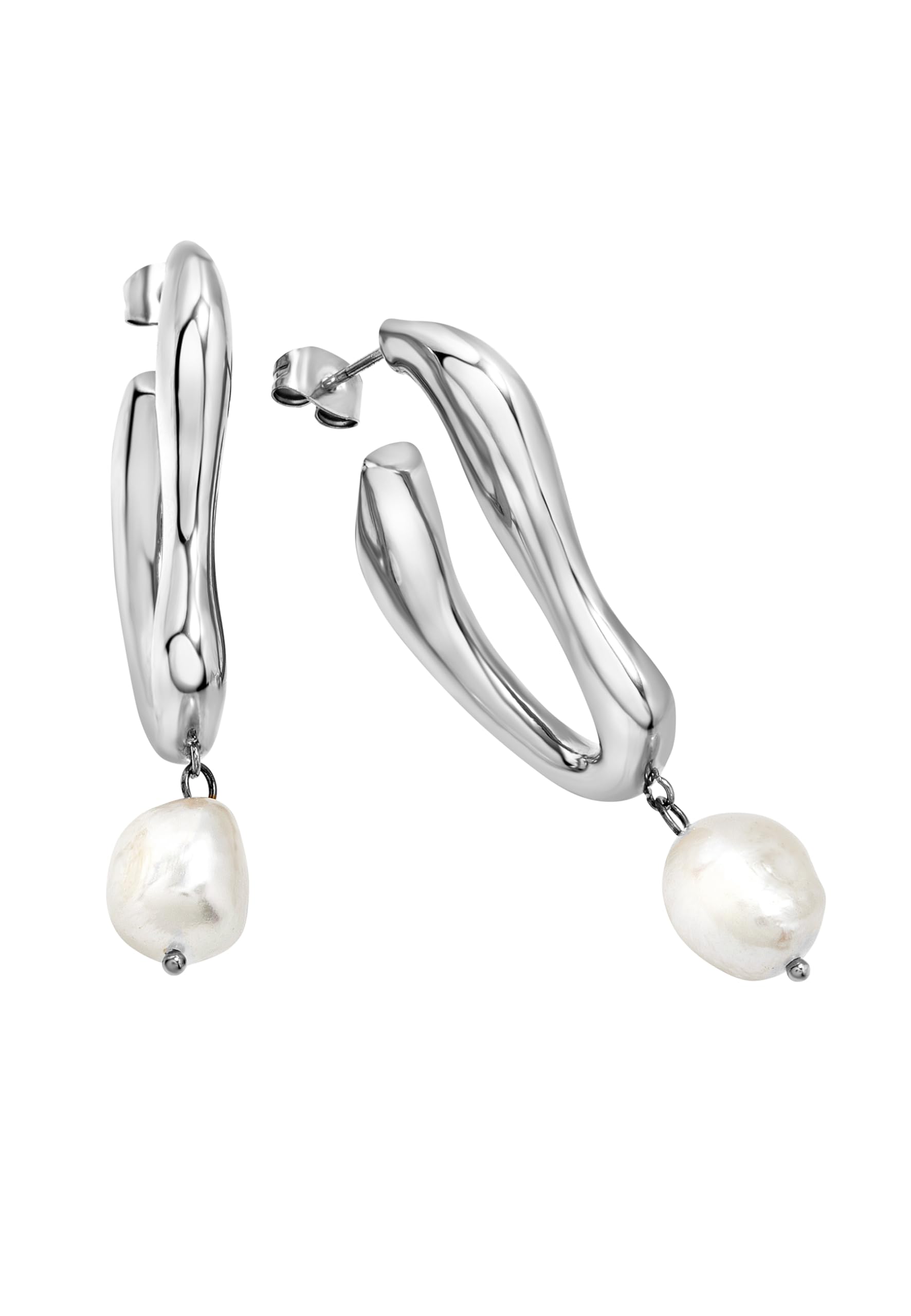 Breil, Collezione Alchemy, Orecchini Donna, Orecchini in Acciaio Lucido Silver con Pendente Perla d’Acqua Dolce, Forma Fluida, Chiusura a Farfalla, Dimensioni 45×19 mm, Idea Regalo Donna
