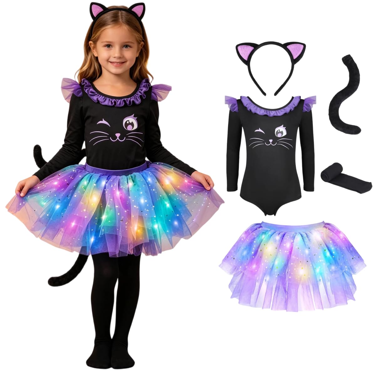 Girls Halloween Costume Light Up Tutu Skirt 5-Piece Set Fancy Dress