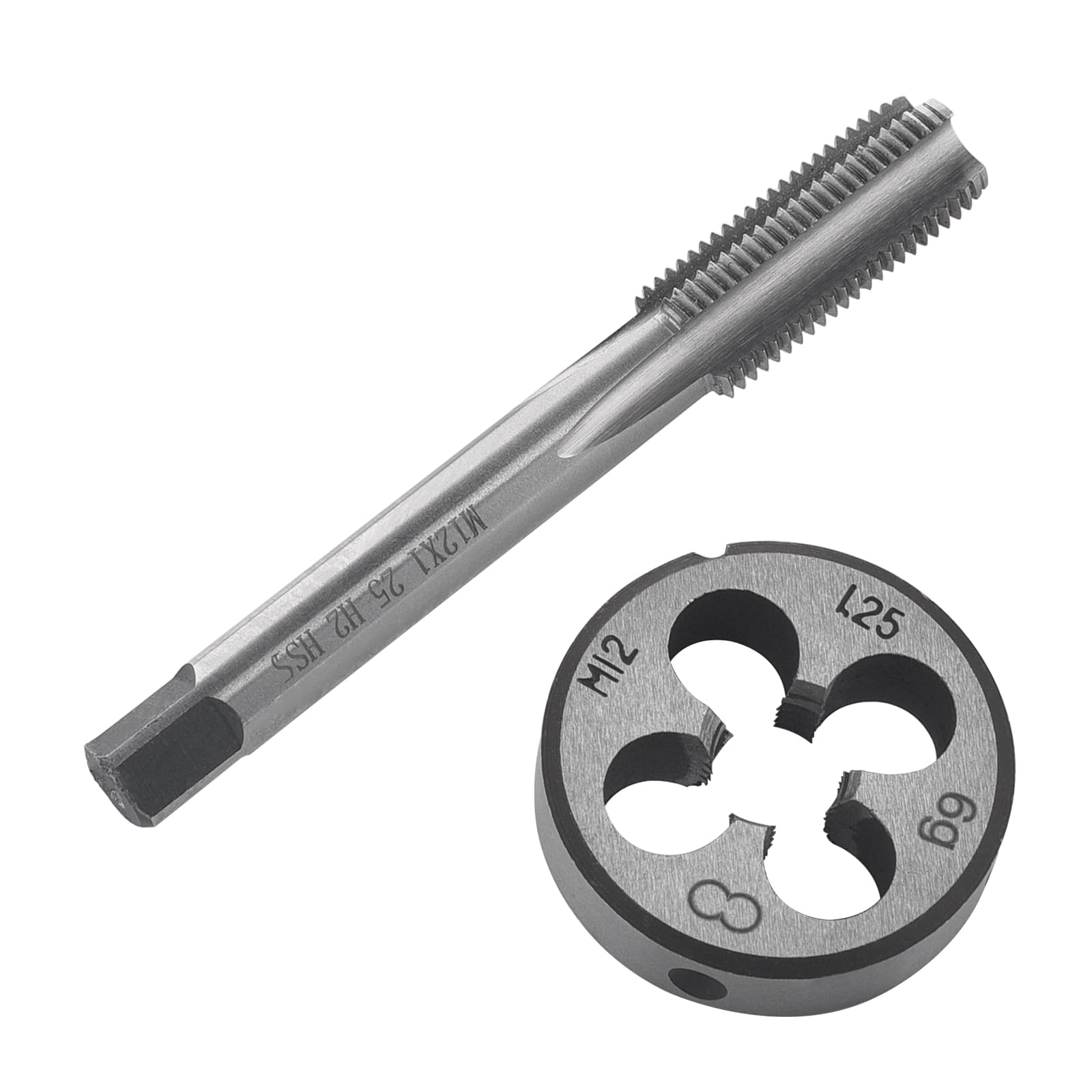Set maschi e filiere HSS M12 x 1,25 mm filettatura destra fine diritta scanalata