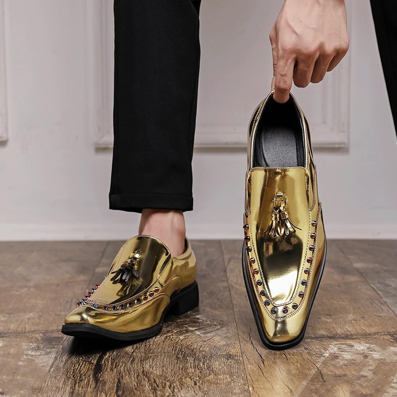 Mens Rivets Tassel Oxford Dress Shoes Uniform Wedding Plain Toe Anti-Slip Non Slip Rubber Sole Block Heel Low Top Classic Slip-on Burnished Leather(8) Gold3