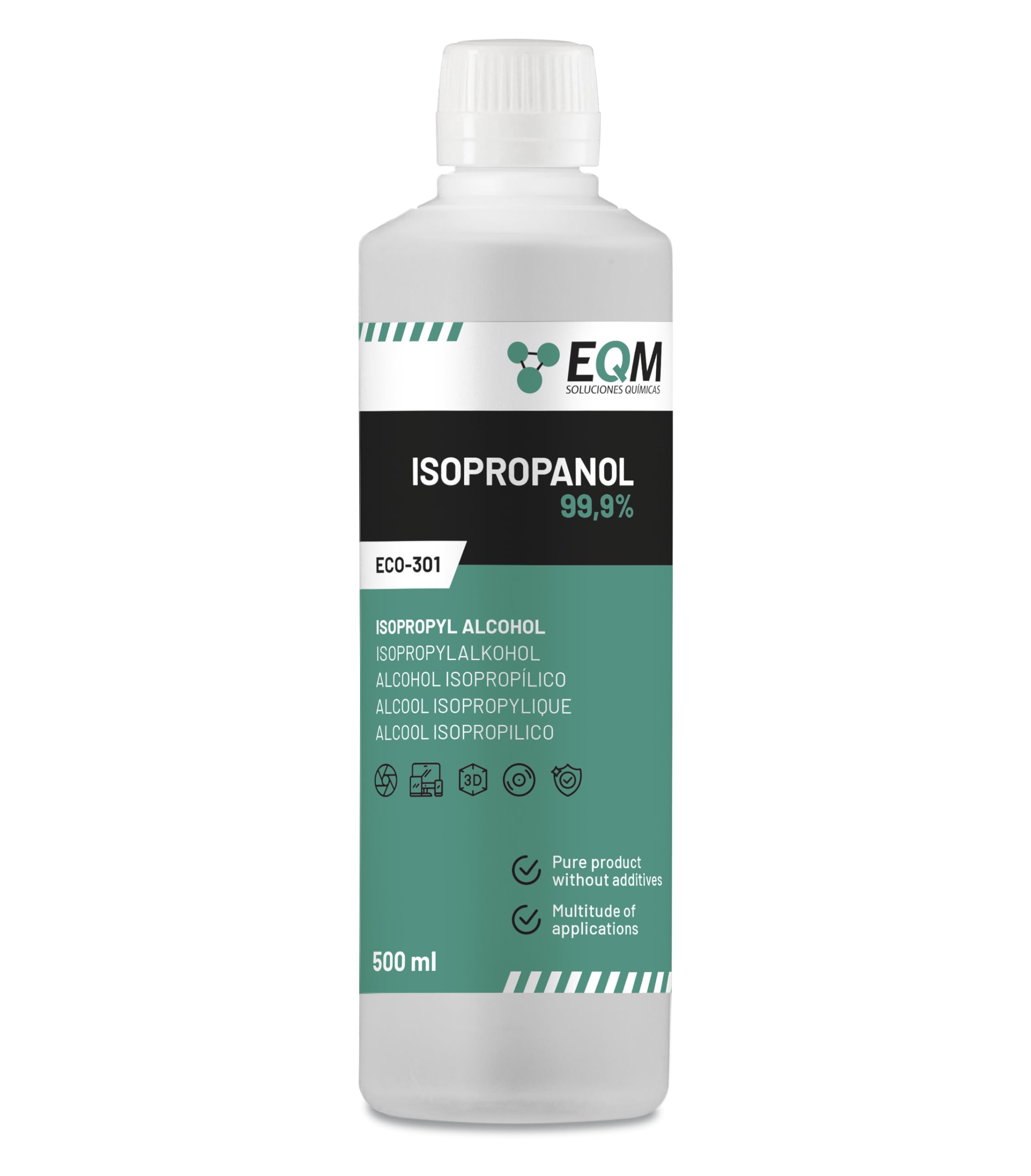 EQM - ECO-301 - Alcool Isopropylique Pur à 99 9% - 500 ML - Nettoyage de composants électroniques objectifs et écrans - Nettoyage des résines d'impression 3D