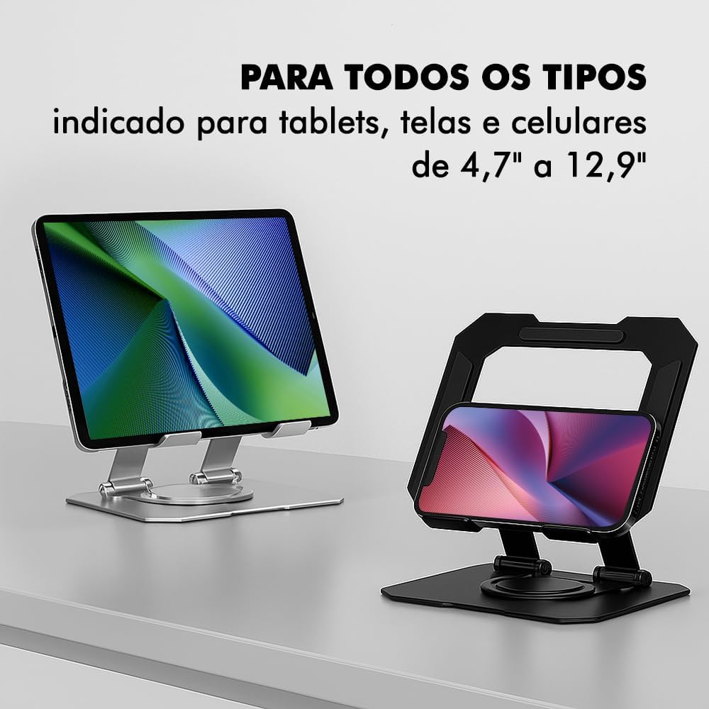 Suporte para Celular e Tablet de Mesa em Aço Carbono – Ajustável, Dobrável, Rotação 360°, Ergonômico e Reforçado para Home Office e Escritório