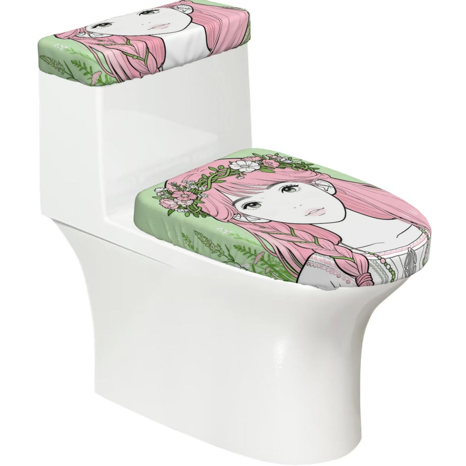 Cntdbu Black Flower Crown Wreath Stretchy Toilet Lid And Tank Cover Set-Soft Elastic Bathroom Decor For U Shape Oval