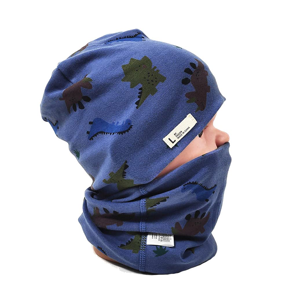 Fuyao Men's Dinosaur Navy Blue Baby Kids Cotton Hat And Tube Scarf Set Children Toddler Spring Autumn Winter Warm Beanie Cap Scarves For Boys And Girls (, 3-6 Years)