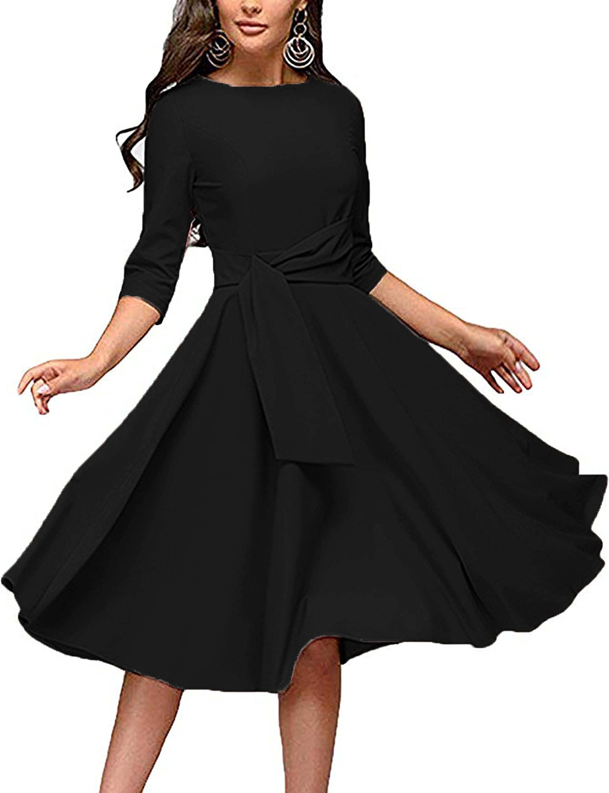 FENJARWomens Elegance Audrey Hepburn Style Ruched 3/4 Short Ruffle Sleeve Casual Swing A-line Dress