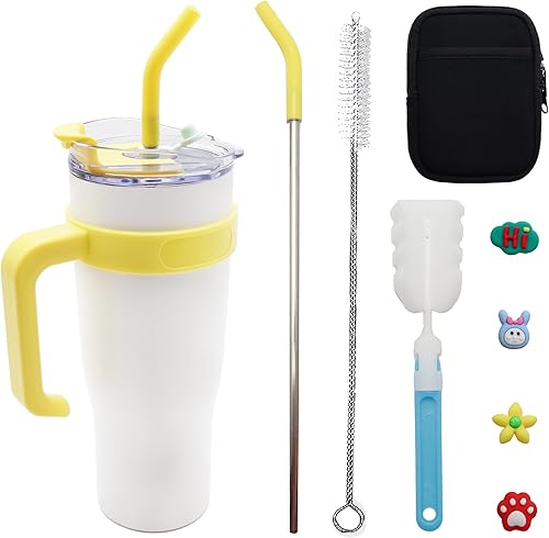 Vaso aislado con asa, popote de acero inoxidable, taza grande para agua de viaje con tapa 2 en 1, apto para portavasos de automóvil, sin sudor se