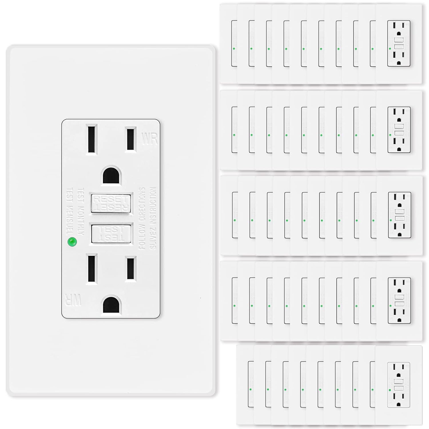 NineLeaf 15amp GFCI Outlets, Non-Tamper-Resistant GFI Duplex Receptacles with LED Indicator, Ground Fault Circuit Interrupter with Wall Plate, ETL Listed, White, 50 Pack