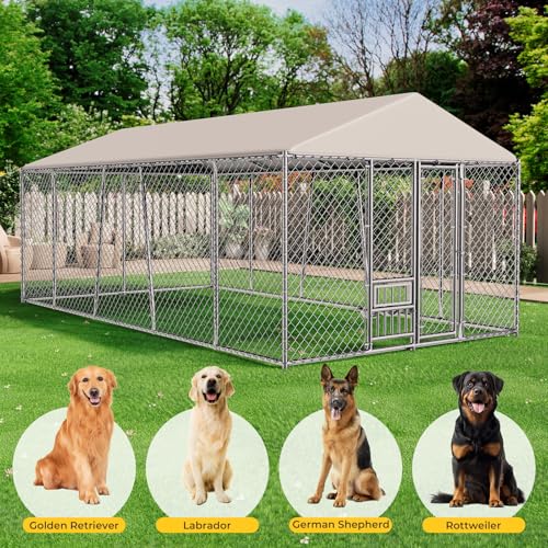 10 x 20FT Large Outdoor Dog Kennel with Bowls, Dog Kennel Outside with Waterproof Cover Roof, Galvanized Heavy Duty Chain Link Dog Runs Cage Playpen for Outside with Secure Lock