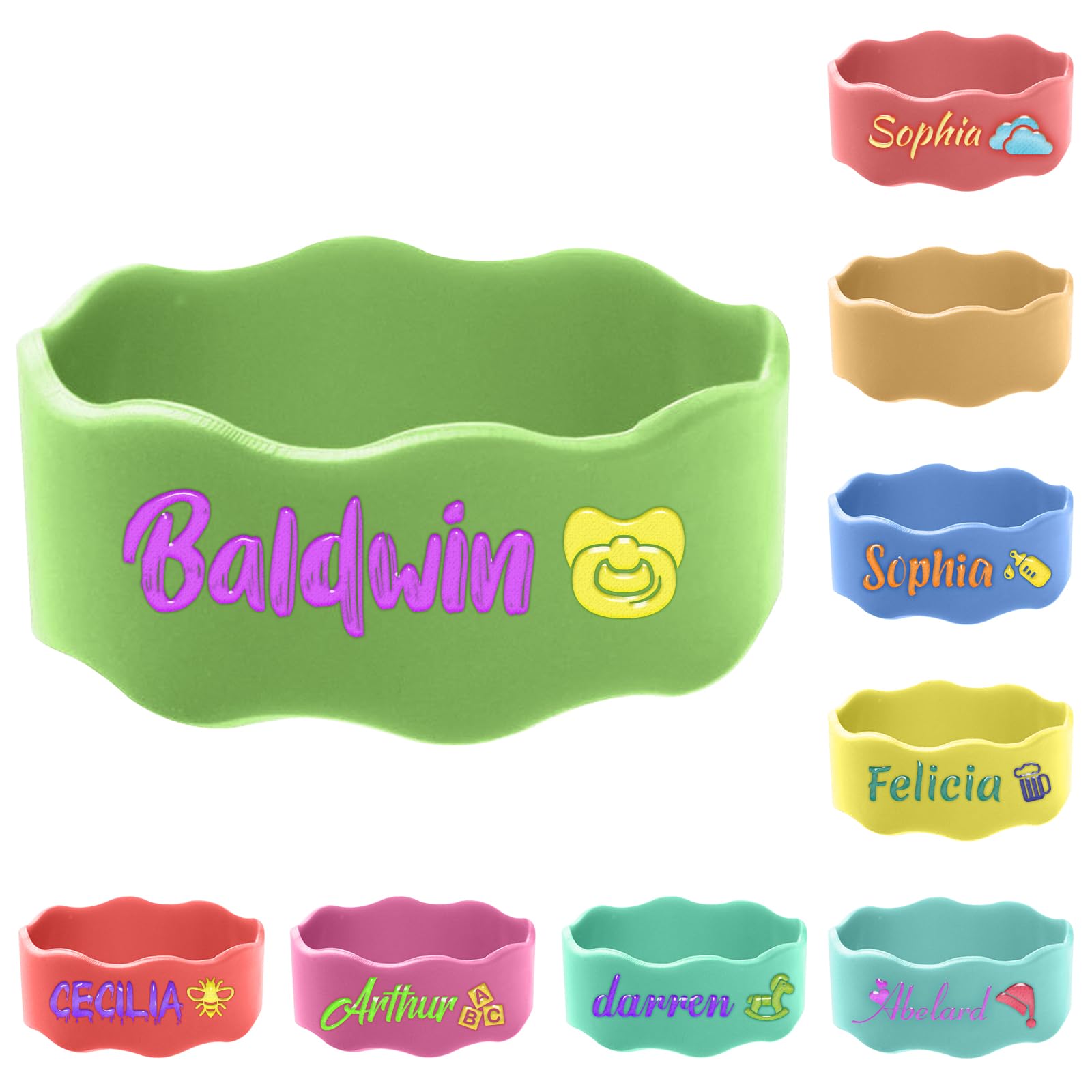 4 Pcs Personalized Water Bottle Labels, Waterproof Bottle Name Bands Printable Name Daycare Labels Elastic Silicone Sippy Cup Strap for Summer Camps