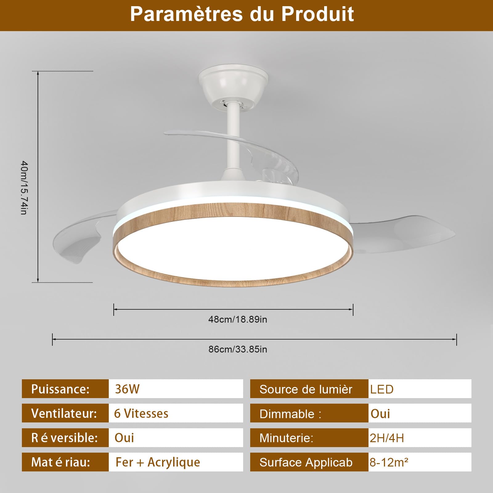 Rétractable Ventilateur Plafond avec Lumière, Ventilateur Plafond LED avec Telecommande, 3 Températures, 6 Vitesses Silencieux, 3 Pales Rétractables, Plafonnier Ventilateur pour Chambre Salon