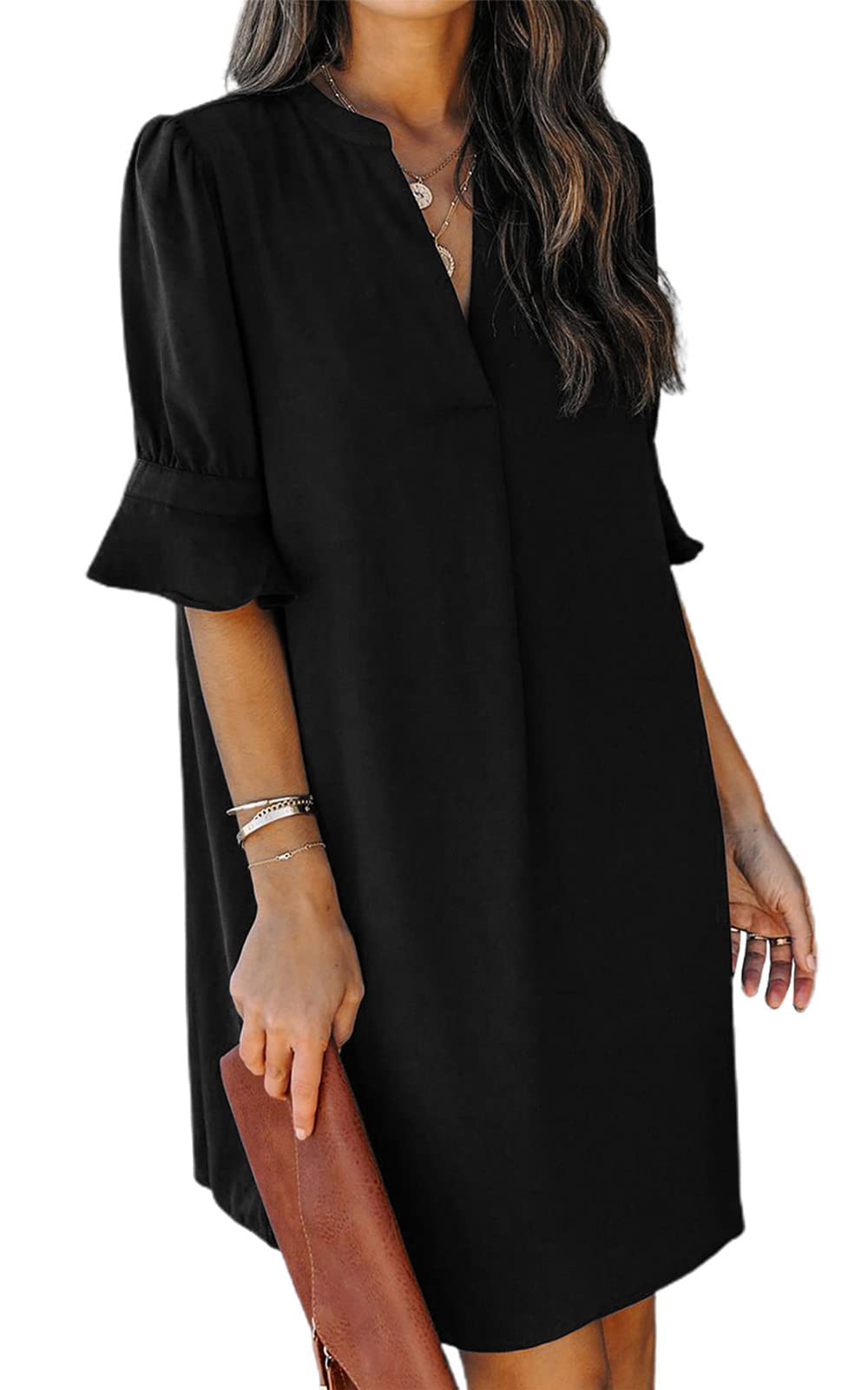 Famulily Abito corto da donna con scollo a V a mezza manica elegante estivo casual tinta unita S-XXL