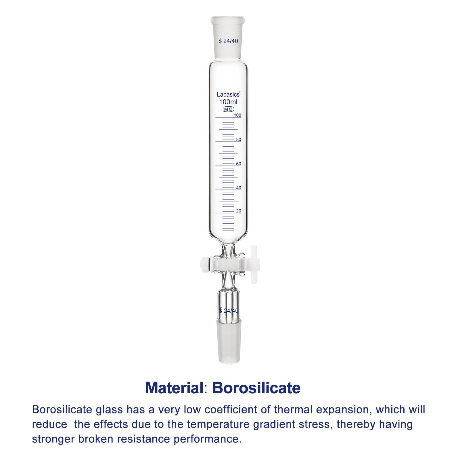 Labasics Embudo de adición, Embudo de Goteo Graduado de Vidrio Borosilicato con Junta Estándar 24/40 y Llave de PTFE para Laboratorio, 100 ml