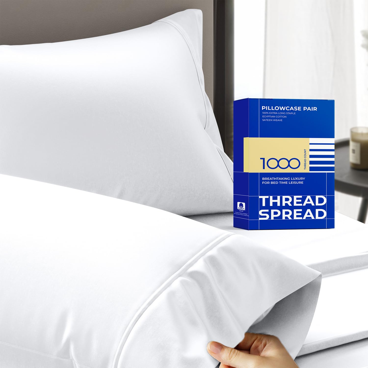 THREAD SPREAD 100 Egyptian Cotton Pillow Cases - 1000 Thread Count Pillow Cases Queen Standard Size Set of