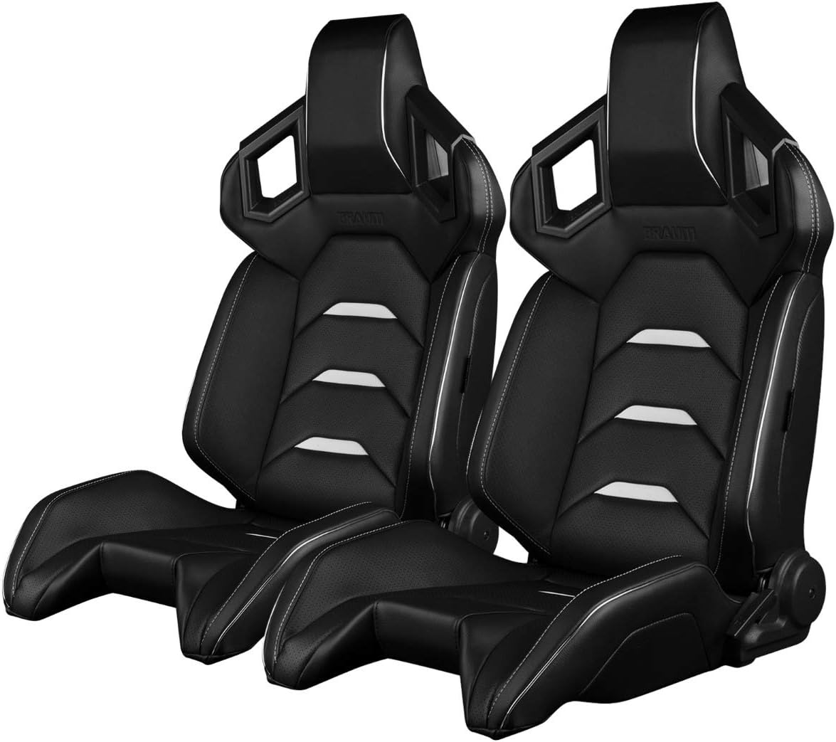 Pair of Black Leatherette ALPHA-X Series Racing Seats With White Stitching and Piping (BRR5-BKWW)