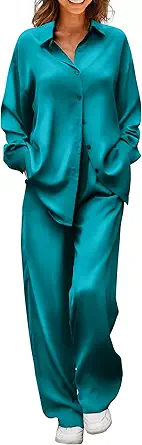 Ekouaer Womens Satin Silky Pajama Set 2 Piece Print PJs Soft Loungewear Button Down Sleepwear with Elastic Waist Long Pants
