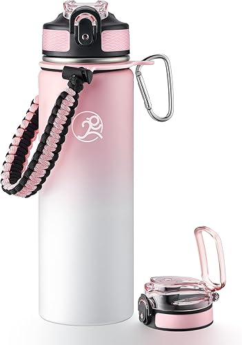 Miniatura 1 de GOSWAG Botella de agua deportiva aislada, 24 onzas, 2 tapas (con pajilla  sin pajilla), botellas de agua de acero inoxidable con mango de
