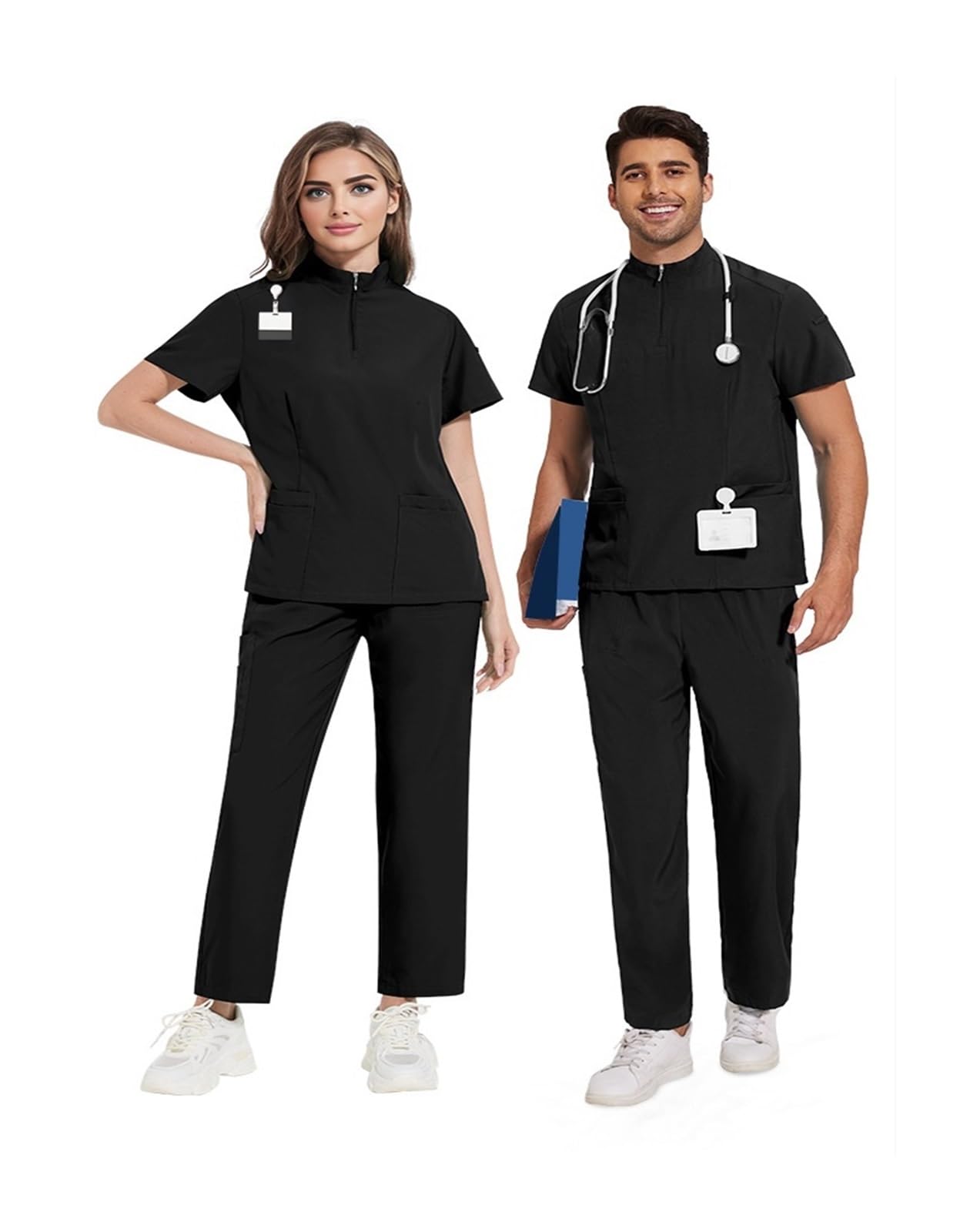 Kasacks Damen Pflege Frauen Männer Peelings Sets Tops Hose Dental Klinik Schönheit Salon Arbeitskleidung(Black,M)