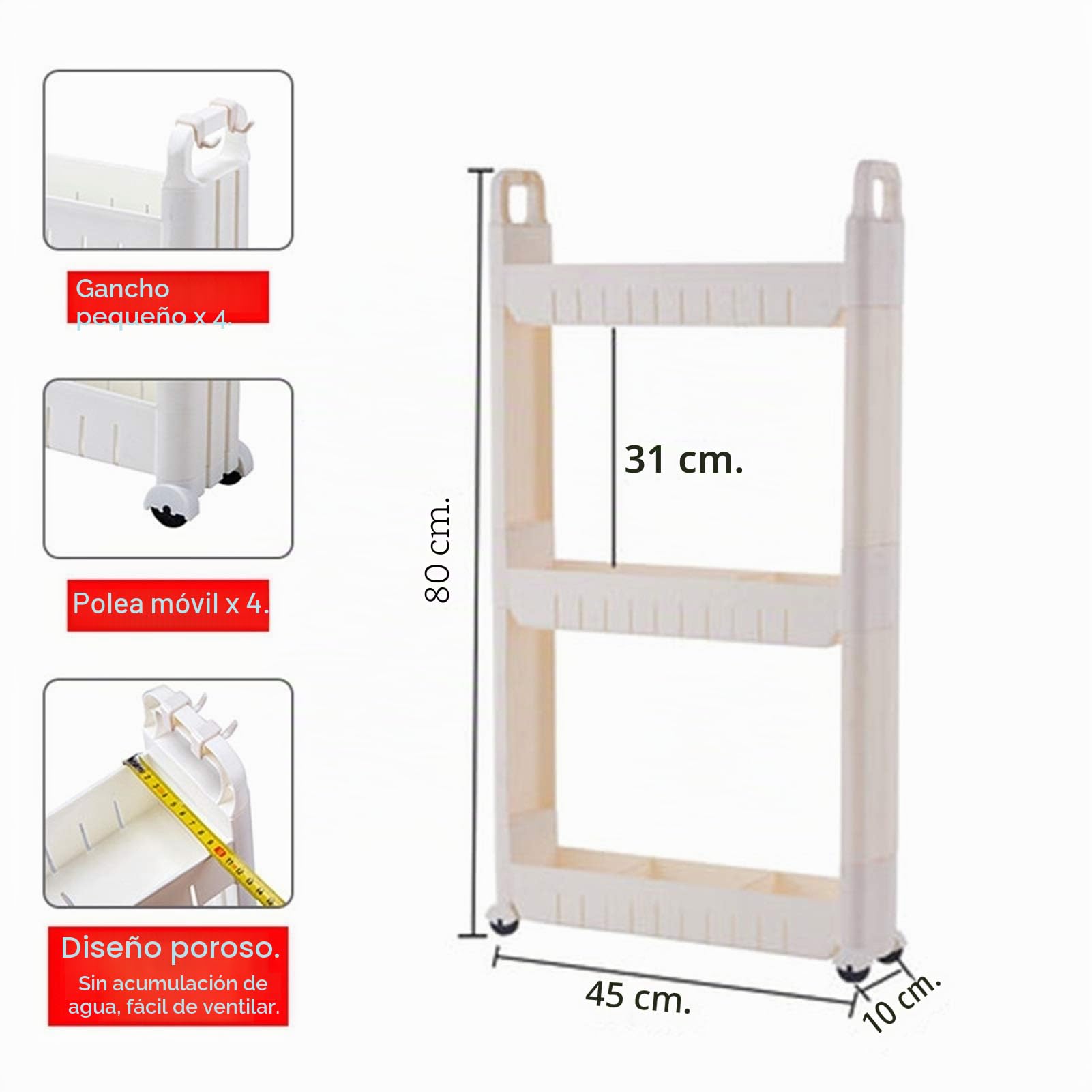 Carrito De Almacenamiento Blanco De 10 Cm De Ancho, Carrito De La Cocina, Carro De Almacenamiento con Ruedas For La Cocina De Cuarto De Baño De Lavandería, con Manijas