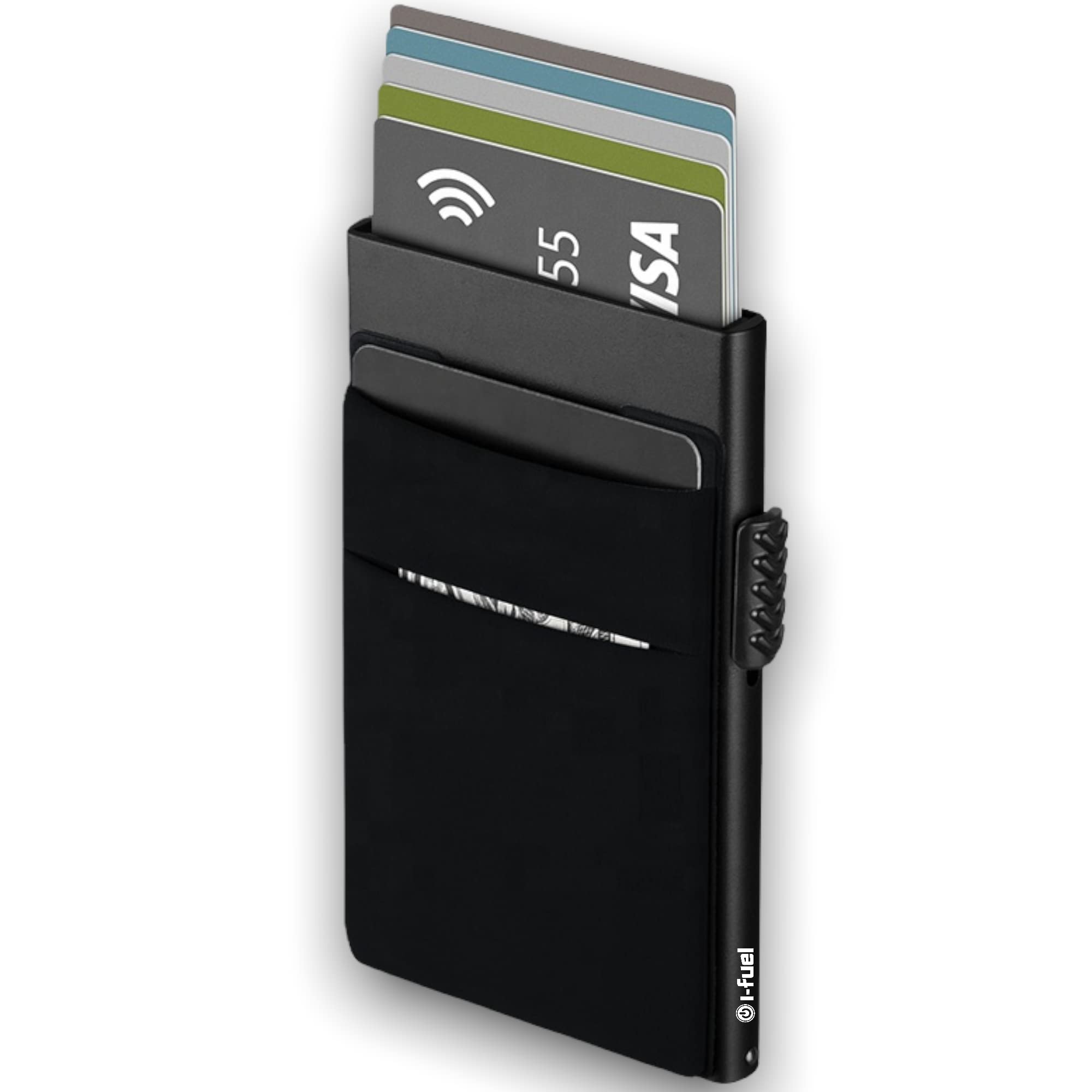 i-FuelCard Holder with Money Pocket Pop Up Wallet RFID Blocking Slim Metal Bank Card Case Holds up to 5 Cards and Cash Notes - Black
