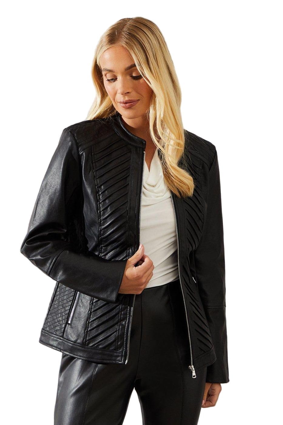 Petite Women’s Black Faux Leather Pleat Detail Jacket, Petite, Faux Leather, Autumn Winter, Work, Office, Commute, Casual, Evening, Weekend