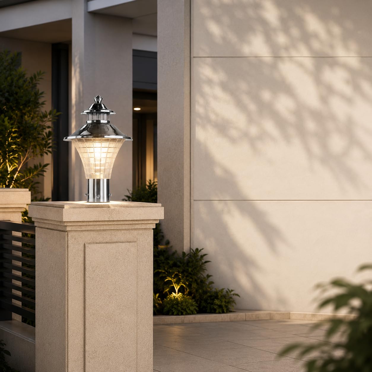 ONFLOW Outdoor Gate Pillar Light, Pack of 2, Decorative Silver Finish Post Lamp with Transparent Grid Diffuser for Entrance Gate, Boundary Wall, Terrace, Garden and Balcony-image-32