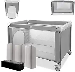 (Sem Colchão)Dobrável, 125 x 65 x 77cm, Bed com rodas, Confortável E Compacto, Chiqueirinho, Cinza, Portatil Sleep Cinza, com Bolsa de Armazenamento, Altura não ajustável, Vem com Uma Tábua Acolchoada