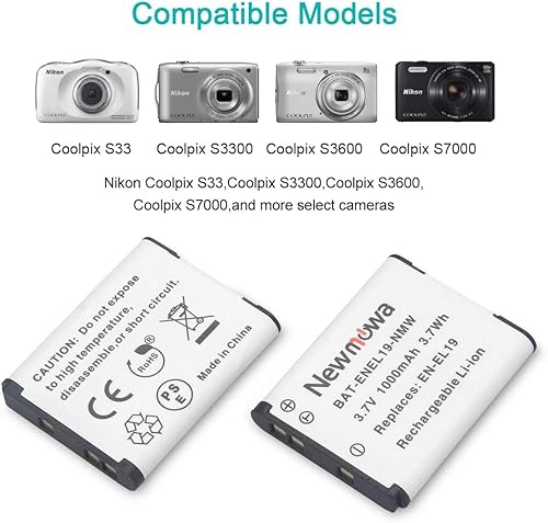 Miniatura 2 de Newmowa Batería EN-EL19 (paquete de 2) y kit de cargador USB para Nikon Coolpix S32, S33, S100, S2800, S3100, S3200, S3300, S3500, S3600, S3700,