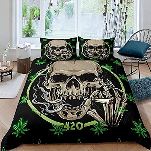 Gabapipa Halloween Crâne 3pcs Parure de Lit Gothique Skull Simple Double King Size Tête de Mort Housse de Couette et Taies d'oreiller 140 x 200 Vert Noir Fumer , pour Adultes et Adolescents Cover