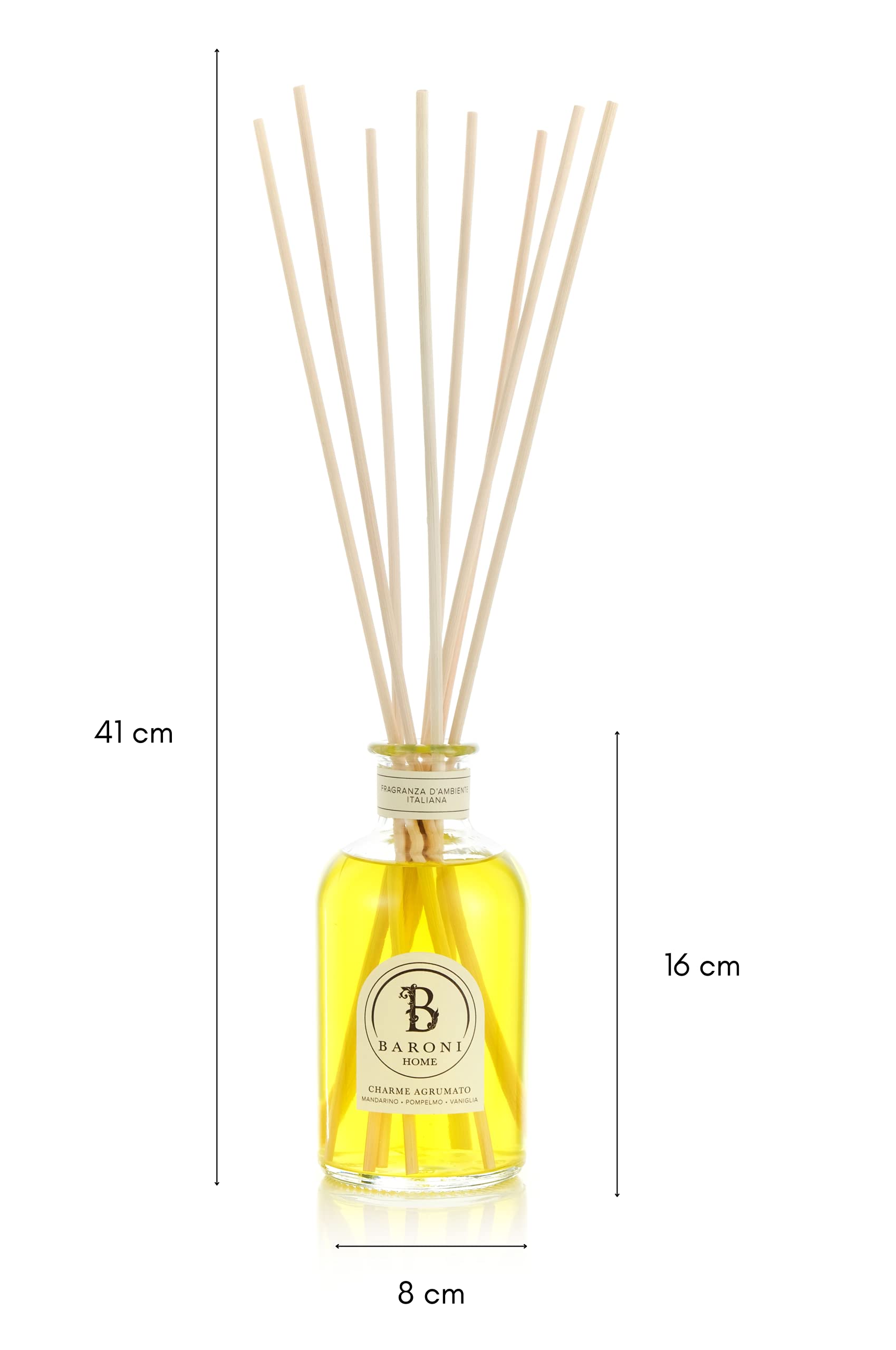 BARONI HOME Difusor de aceites esenciales para ambientes, difusor de aromas de varillas, 100% natural, fabricado en Italia (500 ml, aroma cítrico)