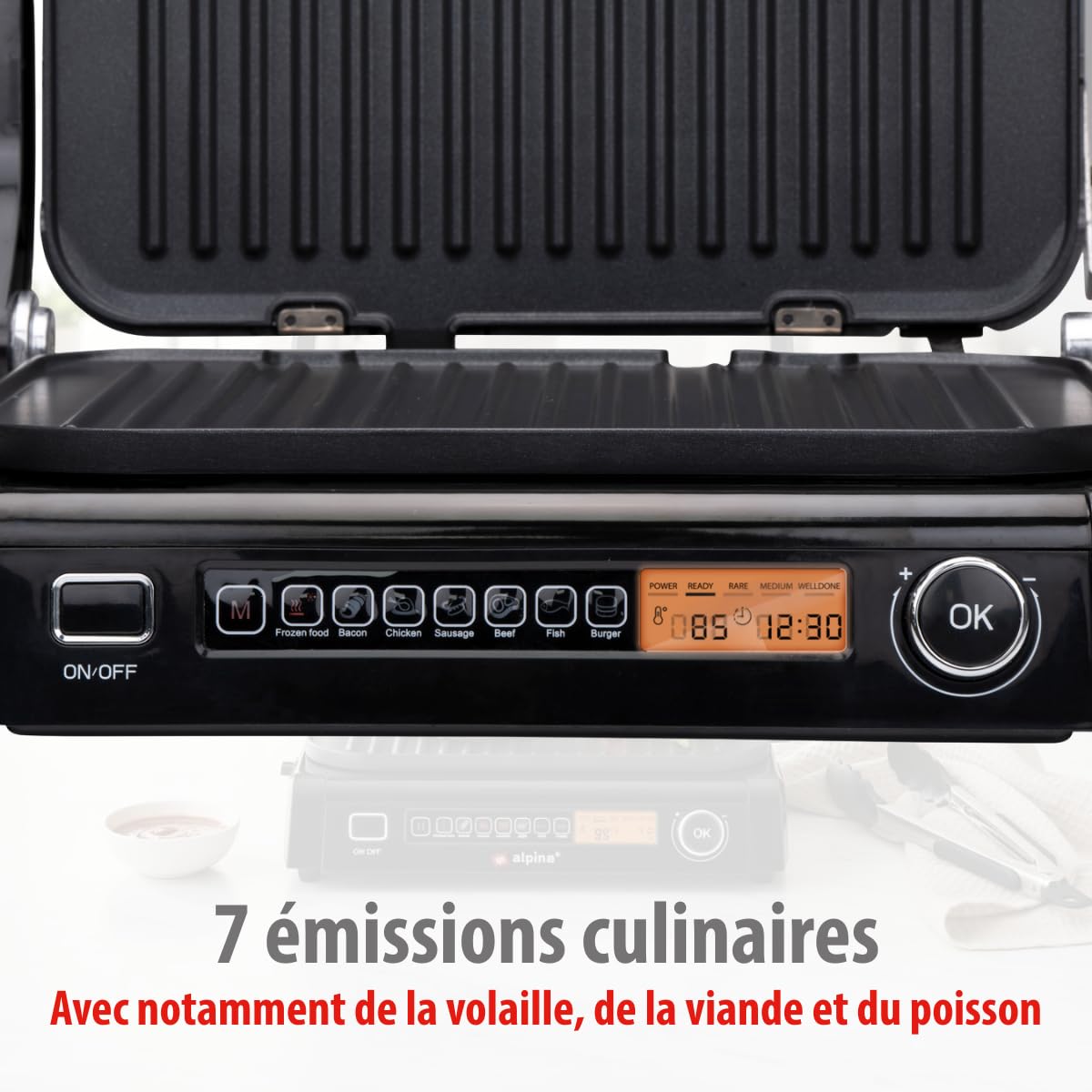 ALPINA - Grill électrique Multi fonction Panini Viande 2100W Minuterie 8 réglages Cuisson intelligente Plaque Anti-adhésive